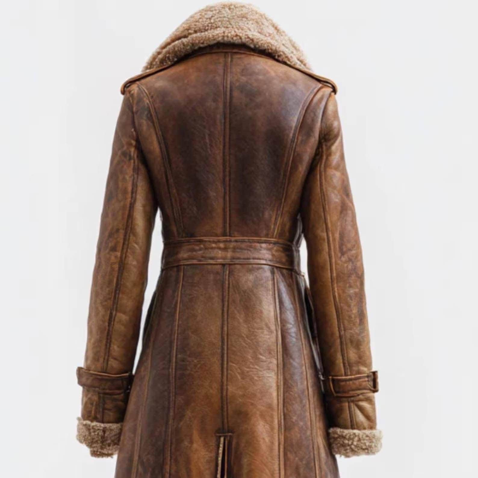Women's Brown Lambskin Leather Long Belted Trench Coat – Classic