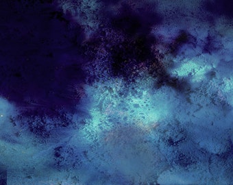 May include: Abstract painting with a blue and purple color scheme. The painting has a textured, almost bubbly appearance.