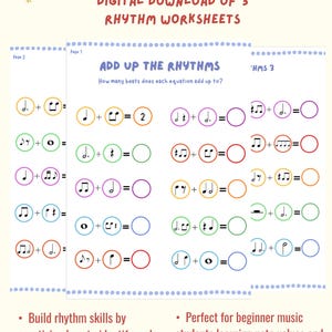 Pode incluir: Download digital de 3 folhas de exercícios de ritmo. As folhas de exercícios apresentam equações de notação musical com notas e pausas. O texto diz "Rhythm Maths" e "Add Up The Rhythms". Notas musicais coloridas decoram a parte superior da página.