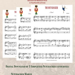 Puede incluir: Partituras de El Cascanueces de Tchaikovsky, arregladas para piano moderado. La imagen presenta partituras musicales para "Marcha del Cascanueces", "Danza del Hada de Azúcar" y "Danza de las Flautas de Caña". Incluye ilustraciones.
