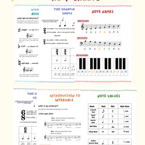 Op de afbeelding: Een muziektheorie-hulpmiddel met de titel "Starter Pack 1" met kleurrijke muzieknoten. De sheet bevat secties over voortekens, maatsoorten, nootnamen, intervallen en nootwaarden, met diagrammen en voorbeelden.