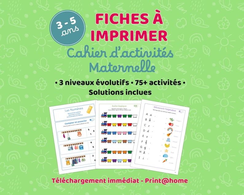 Cahier d'activités maternelle à imprimer 3-5 ans – 75 activités – 3 niveaux évolutifs – fiches pédagogiques PDF téléchargement immédiat