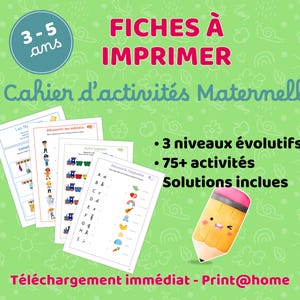 May include: Printable activity sheets for children aged 3-5, featuring colorful illustrations and educational content. The sheets include various activities, 75+ activities, and solutions. The background is a light green with a pattern of small shapes.
