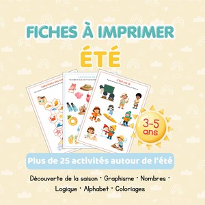 May include: Three printable summer activity sheets for children aged 3-5, featuring colorful illustrations of summer-themed objects and characters. The sheets include mazes, counting, and coloring activities. The text reads "Summer" and "More than 25 summer activities".