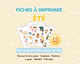 May include: Three printable summer activity sheets for children aged 3-5, featuring colorful illustrations of summer-themed objects and characters. The sheets include mazes, counting, and coloring activities. The text reads "Summer" and "More than 25 summer activities".