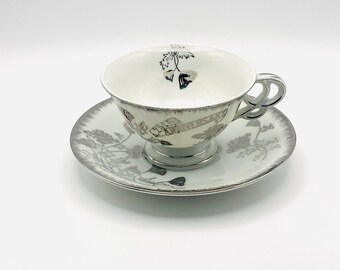 Vintage Norcrest 25e bruiloft zilveren jubileum thee kop en schotel set.