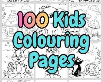 Peut inclure: Un livre de coloriage en noir et blanc avec le texte "100 Kids Colouring Pages". Le livre présente diverses illustrations, dont un lion, un château, une vache, une maison, un lapin, le Père Noël, un chat, une citrouille, un dinosaure, une fleur et une moto.