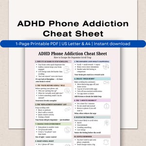 Peut inclure: Une feuille de triche PDF imprimable intitulée "ADHD Phone Addiction Cheat Sheet", avec des conseils pour échapper au piège de la défilement de la dopamine. Le document est blanc avec du texte noir et des accents bleus.