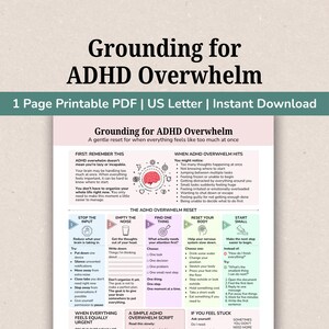 May include: A one-page printable PDF titled Grounding for ADHD Overwhelm. The document features a light pink header, a central brain icon, and five numbered columns in blue, red, purple, green, and teal, providing strategies for managing overwhelm.