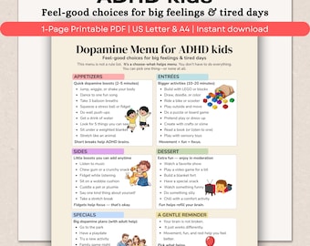 ADHD Kids Dopamine Menu, Self Regulation Tool (PDF Download, US Letter & A4 Sizes)