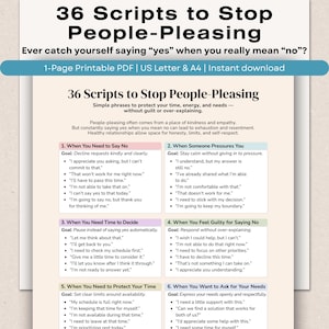 Puede incluir: Un PDF imprimible titulado "36 Scripts to Stop People-Pleasing". El documento ofrece frases para proteger el tiempo y la energía, abordando cómo decir "no" sin culpa. Texto negro sobre fondo crema, con acentos turquesa y rosa. Incluye tamaños US Letter y A4.
