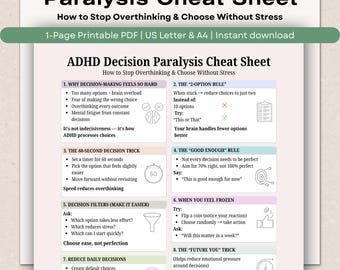 ADHD Decision Paralysis Cheat Sheet, Stop Overthinking Printable, Executive Dysfunction Help (PDF)