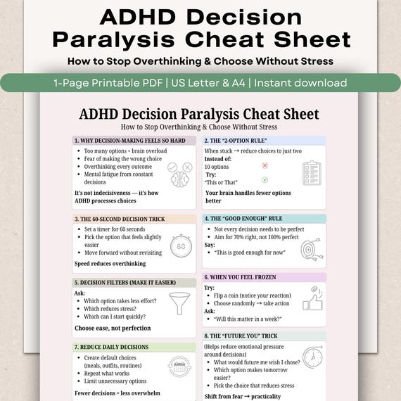 ADHD Decision Paralysis Cheat Sheet, Stop Overthinking Printable, Executive Dysfunction Help (PDF)