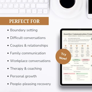 May include: A digital tablet displaying an Assertive Communication Framework chart with sections on why assertiveness matters, communication steps, and common mistakes. A brown circular badge with the white text Try Now is overlaid.