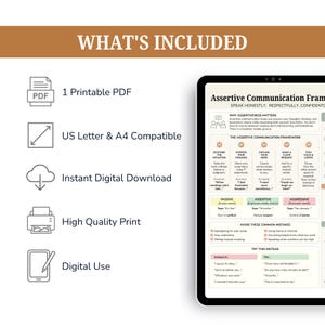 May include: A digital document titled Assertive Communication Framework with sections on why assertiveness matters, communication styles, common mistakes, and examples of what to say, displayed on a tablet screen next to a list of features.