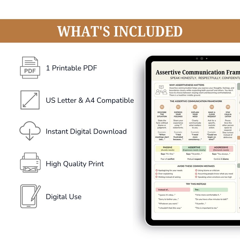 May include: A digital document titled Assertive Communication Framework with sections on why assertiveness matters, communication styles, common mistakes, and examples of what to say, displayed on a tablet screen next to a list of features.