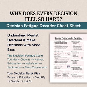Puede incluir: Una hoja informativa titulada Decision Fatigue Decoder Cheat Sheet con el texto: Why Does Every Decision Feel So Hard? Understand Mental Overload & Make Decisions with More Ease. The Decision Fatigue Cycle: Too Many Choices, Mental Exhaustion, Indecision, Avoidance, More Overwhelm. Your Decision Reset Plan: Pause, Prioritize, Simplify, Decide, Let Go.