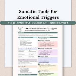 May include: A printable PDF cheat sheet titled "Somatic Tools for Emotional Triggers." The teal and white document provides techniques to manage emotional responses, including orienting to the present, grounding through feet, and slow exhales. It is designed for instant download.
