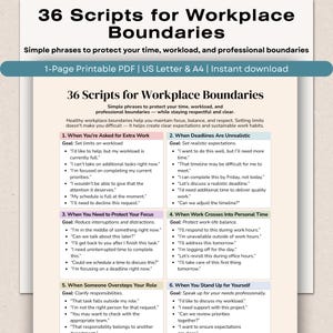 May include: A printable PDF with 36 scripts for workplace boundaries, offering phrases to protect time, workload, and professional boundaries. Includes US Letter and A4 sizes. The document provides examples for setting limits, managing deadlines, and maintaining work-life balance.