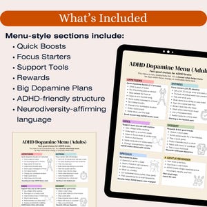 May include: A digital tablet shows an ADHD Dopamine Menu, featuring sections like appetizers, entrees, and desserts. The menu includes quick boosts, focus starters, and support tools. The tablet is black with a white border, and the text is in black.