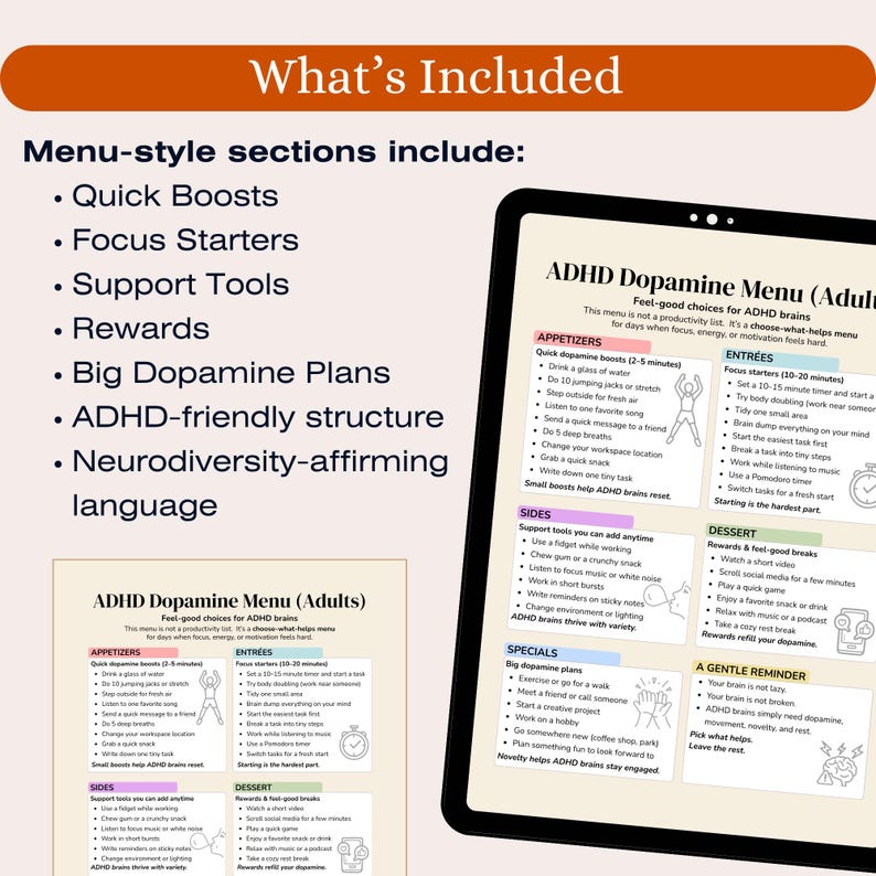 May include: A digital tablet shows an ADHD Dopamine Menu, featuring sections like appetizers, entrees, and desserts. The menu includes quick boosts, focus starters, and support tools. The tablet is black with a white border, and the text is in black.