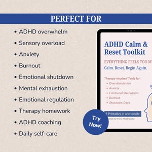 ADHD Calm & Reset Toolkit Bundle, Anxiety, Overwhelm, Nervous System Regulation Printable (5 PDFs) image 5
