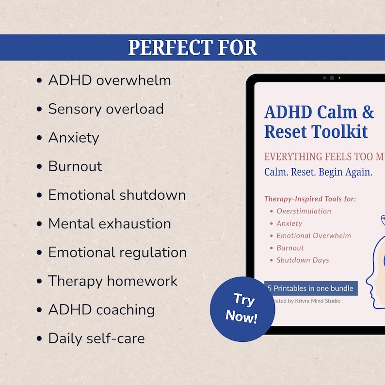 ADHD Calm & Reset Toolkit Bundle, Anxiety, Overwhelm, Nervous System Regulation Printable (5 PDFs) image 5