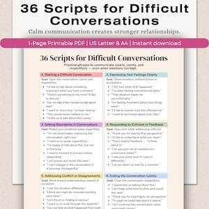 May include: A printable PDF titled "36 Scripts for Difficult Conversations" with phrases for clear communication. The document includes sections on starting, expressing feelings, setting boundaries, responding to criticism, addressing disagreements, and ending conversations.