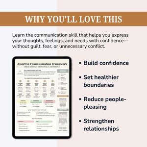 May include: A digital tablet displaying an Assertive Communication Framework chart with sections on why assertiveness matters, the framework steps, passive versus aggressive styles, common mistakes, and examples of how to speak honestly and respectfully.