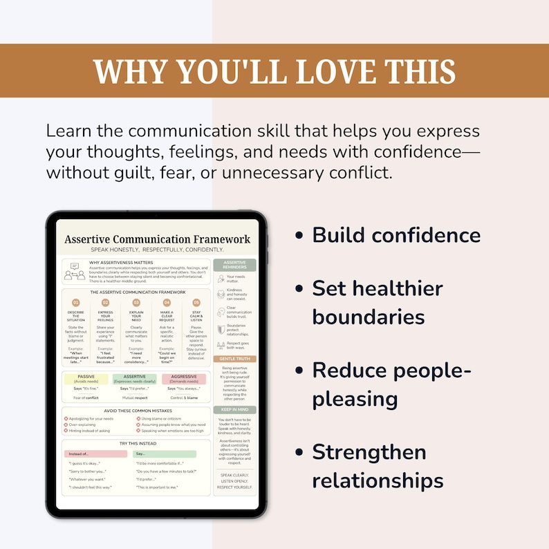 May include: A digital tablet displaying an Assertive Communication Framework chart with sections on why assertiveness matters, the framework steps, passive versus aggressive styles, common mistakes, and examples of how to speak honestly and respectfully.