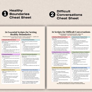 K&ouml;nnte beinhalten: Zweiseitiges Cheat Sheet mit den Titeln "Healthy Boundaries" und "Difficult Conversations". Die linke Seite listet 36 Skripte zum Setzen gesunder Grenzen auf, w&auml;hrend die rechte Seite 36 Skripte f&uuml;r schwierige Gespr&auml;che bietet. Die Seiten sind wei&szlig; mit schwarzem Text und farbigen Akzenten.