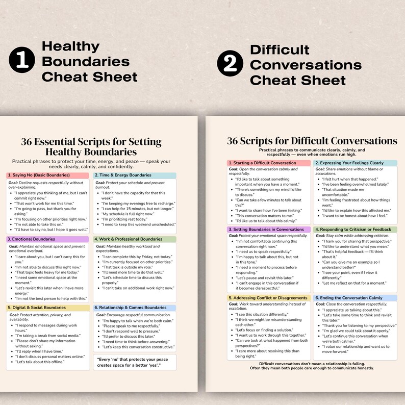 K&ouml;nnte beinhalten: Zweiseitiges Cheat Sheet mit den Titeln "Healthy Boundaries" und "Difficult Conversations". Die linke Seite listet 36 Skripte zum Setzen gesunder Grenzen auf, w&auml;hrend die rechte Seite 36 Skripte f&uuml;r schwierige Gespr&auml;che bietet. Die Seiten sind wei&szlig; mit schwarzem Text und farbigen Akzenten.