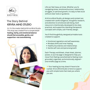 Pode incluir: Um gr&aacute;fico informativo para o Krivra Mind Studio com um log&oacute;tipo, um retrato da criadora e texto que descreve ferramentas terap&ecirc;uticas imprim&iacute;veis para regula&ccedil;&atilde;o emocional, autoconsci&ecirc;ncia, mudan&ccedil;as de mentalidade e crescimento pessoal.