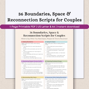 以下が含まれることがあります： 「36 Boundaries, Space & Reconnection Scripts for Couples」と題された印刷可能なPDFドキュメント。 カップルのために設計されており、コミュニケーションのためのスクリプトが含まれています。 テキストは、ピンクと紫のアクセントが付いた白い背景に黒いフォントで表示されています。