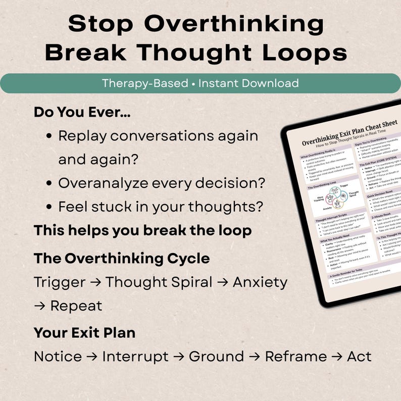 Overthinking Exit Plan Cheat Sheet, Anxiety Thought Spiral Help (PDF ...