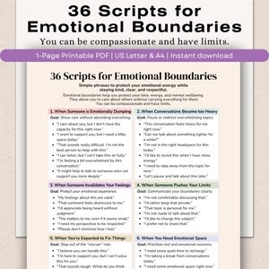 May include: A printable PDF titled "36 Scripts for Emotional Boundaries" with a purple banner. The document provides phrases for setting boundaries, promoting mental wellbeing, and compassionate communication. The text is in black font on a white background.