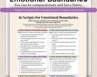 36 Emotional Boundary Scripts, Stop Emotional Dumping & People Pleasing, Therapy Inspired Cheat Sheet pdf