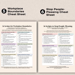 K&ouml;nnte beinhalten: Zwei Informationsbl&auml;tter mit den Titeln "Workplace Boundaries Cheat Sheet" und "Stop People-Pleasing Cheat Sheet". Jedes Blatt enth&auml;lt 36 Skripte f&uuml;r berufliche und pers&ouml;nliche Interaktionen und bietet Formulierungen zum Setzen von Grenzen und zum Erwartungsmanagement.