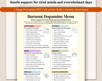 Burnout Dopamine Menu Printable, Nervous System Reset & Self Care Cheat Sheet, Burnout Recovery Tool