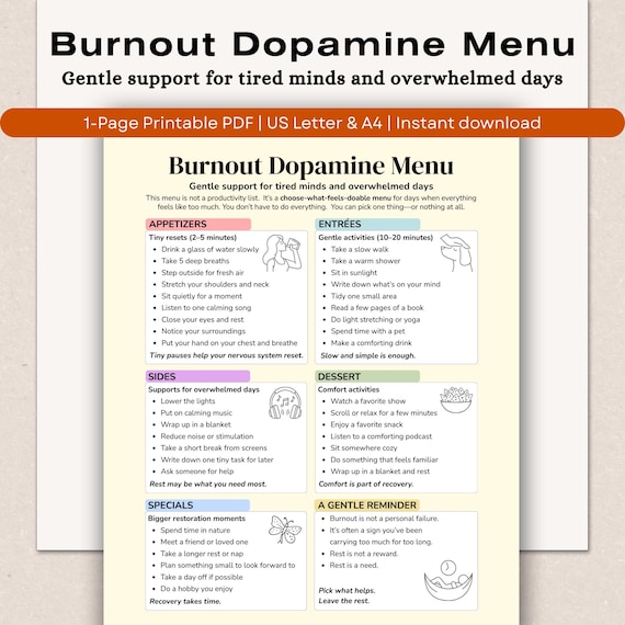 Burnout Dopamine Menu Printable, Nervous System Reset & Self Care Cheat Sheet, Burnout Recovery Tool