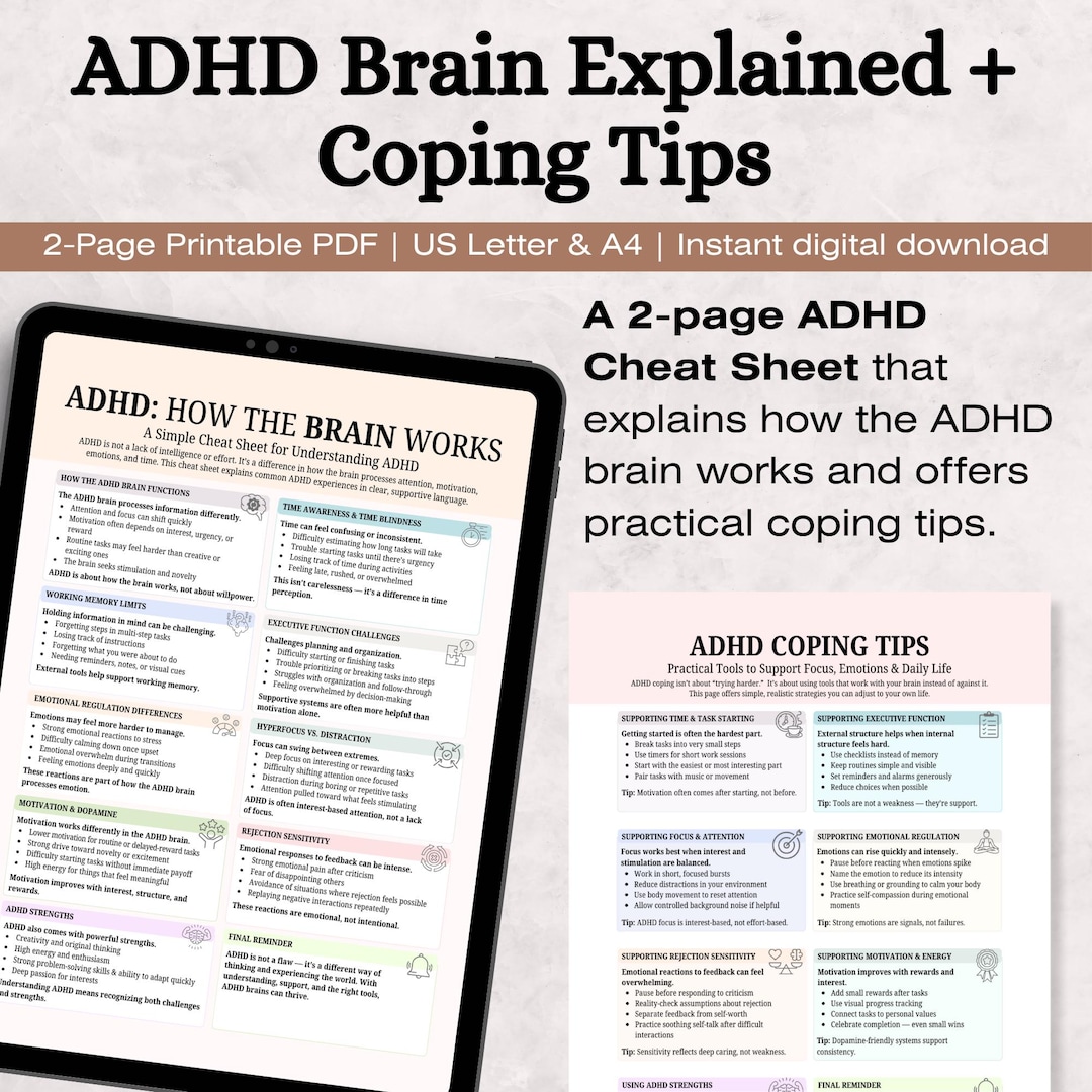 ADHD Brain Explained + Coping Tips, 2-page Cheat Sheet Printable ...