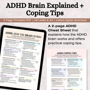 Pode incluir: Um download digital intitulado "ADHD Brain Explained + Coping Tips". A imagem mostra um tablet exibindo uma folha de dicas de TDAH com informações sobre como o cérebro funciona e dicas práticas de enfrentamento. O texto inclui "PDF para impressão de 2 páginas".