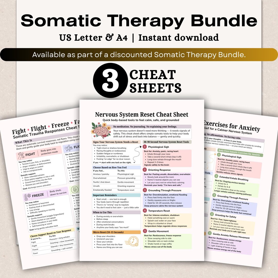 Somatic Therapy Cheat Sheets Bundle, Nervous System Regulation, Anxiety ...