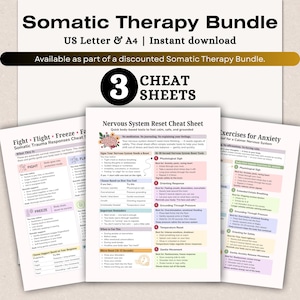 Könnte beinhalten: Ein Bundle aus drei Spickzetteln mit dem Titel "Somatic Therapy Bundle". Die Blätter bieten schnelle, körperbasierte Werkzeuge, um sich ruhig, sicher und geerdet zu fühlen. Sie enthalten Informationen über somatische Traumareaktionen, das Zurücksetzen des Nervensystems und Übungen gegen Angst.
