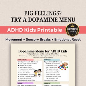 May include: A printable ADHD kids dopamine menu chart featuring text titled BIG FEELINGS? TRY A DOPAMINE MENU. The document includes sections for Appetizers, Entrées, Sides, and Dessert, listing activities like movement, sensory breaks, and emotional resets.