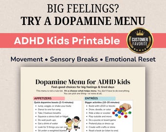 ADHD Kids Dopamine Menu, Self Regulation Tool (PDF Download, US Letter & A4 Sizes)