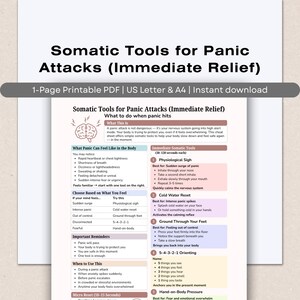 May include: A printable PDF titled "Somatic Tools for Panic Attacks (Immediate Relief)" with instructions on managing panic. The document includes lists of physical sensations, somatic tools, and a 5-4-3-2-1 orienting exercise. The document is designed for instant download.