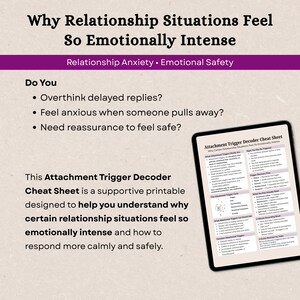 May include: A digital tablet displays a "Attachment Trigger Decoder Cheat Sheet" with text about relationship anxiety and emotional safety. The image includes the title "Why Relationship Situations Feel So Emotionally Intense."