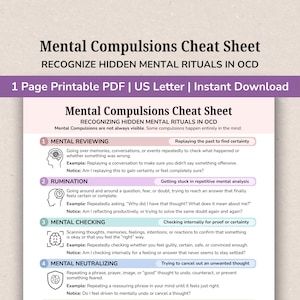 May include: A one-page printable PDF titled Mental Compulsions Cheat Sheet, designed to help recognize hidden mental rituals in OCD. It features four numbered sections: Mental Reviewing, Rumination, Mental Checking, and Mental Neutralizing.