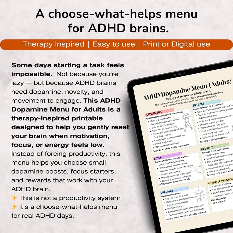 May include: A digital ADHD Dopamine Menu for Adults displayed on a tablet. The menu is designed to help with focus and motivation. It features sections for appetizers, sides, and specials, with a white background and black text.